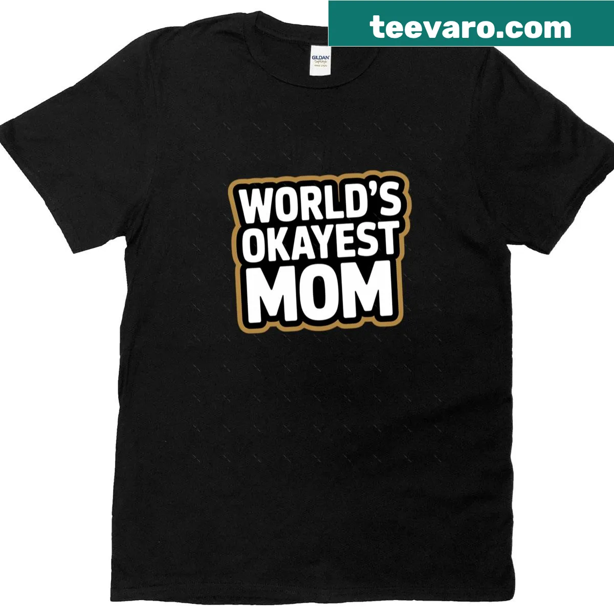 Casual oversized women's t-shirt that reads 'World's Okayest Mom' in playful text — on a men's t-shirt