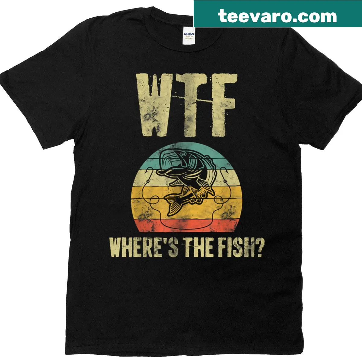 Funny fishing t-shirt with the phrase 'Wtf Where's The Fish?' in bold text — on a men's t-shirt