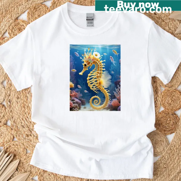T-shirt with a skeletal seahorse and yellow daisies illustration