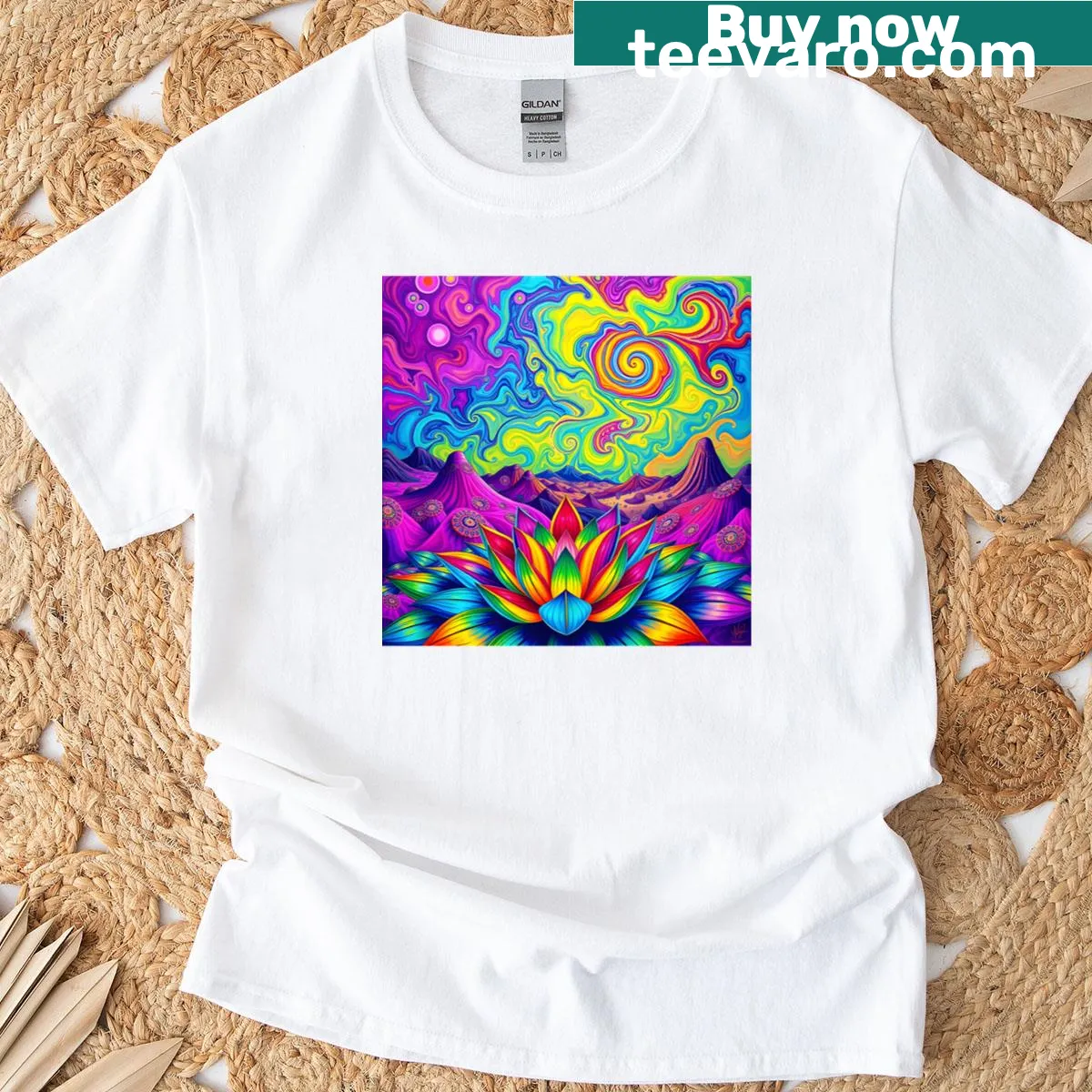 3D fractal flower design in psychedelic airbrush style — on a men's t-shirt