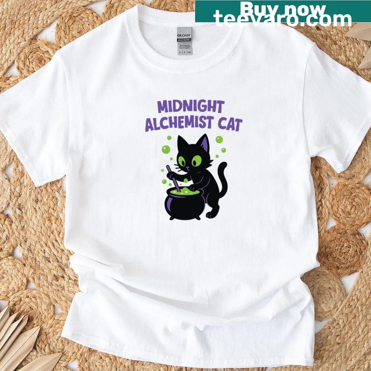Vintage-style distressed T-shirt featuring an alchemist cat graphic — on a men's t-shirt