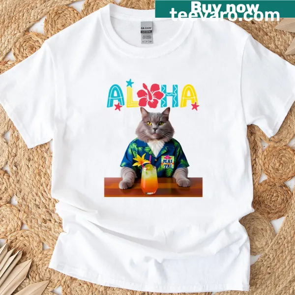 Illustrated American Longhair cat at a tiki bar