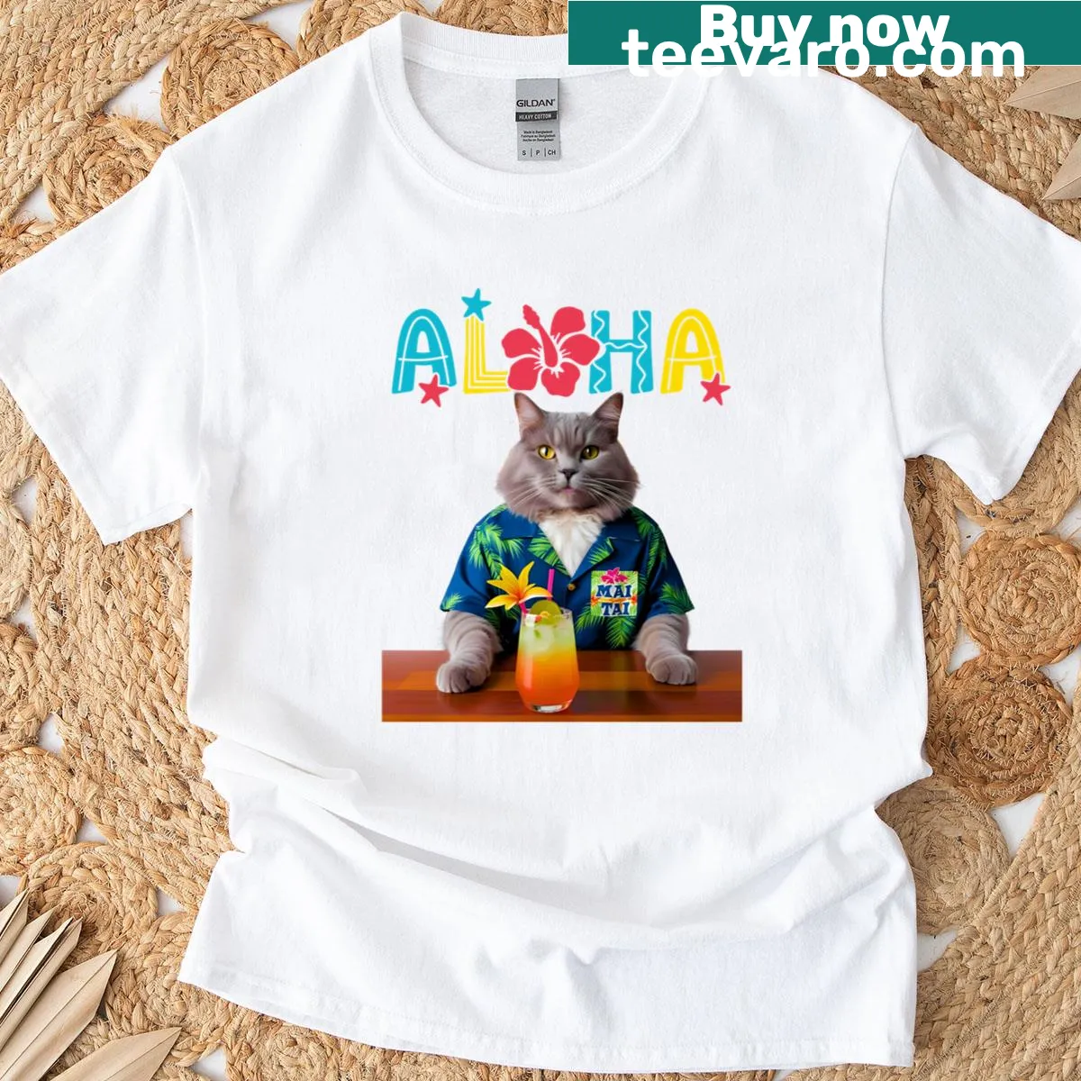 Illustrated American Longhair cat at a tiki bar — on a men's t-shirt