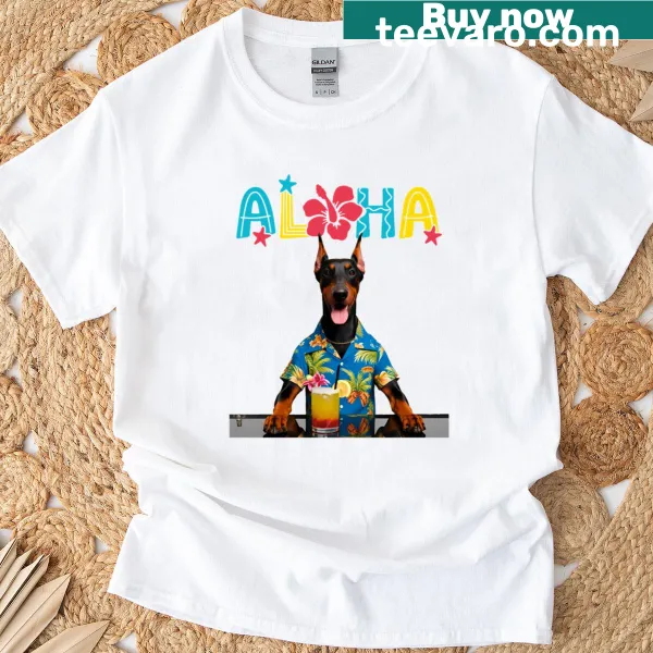 Cartoon Doberman in a tiki bar with Hawaiian elements