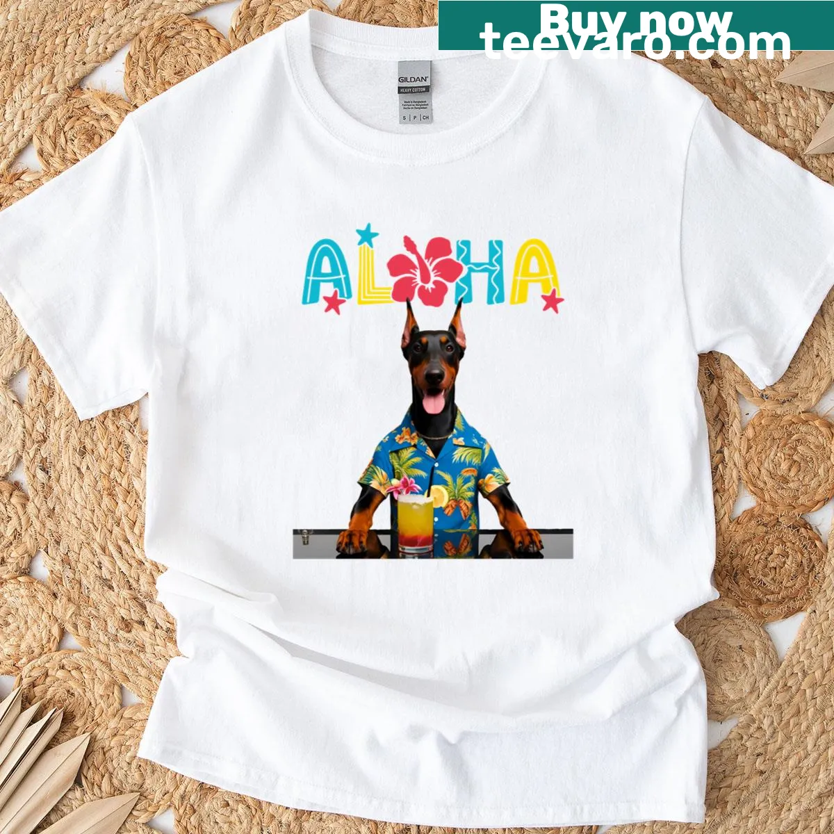 Cartoon Doberman in a tiki bar with Hawaiian elements — on a men's t-shirt