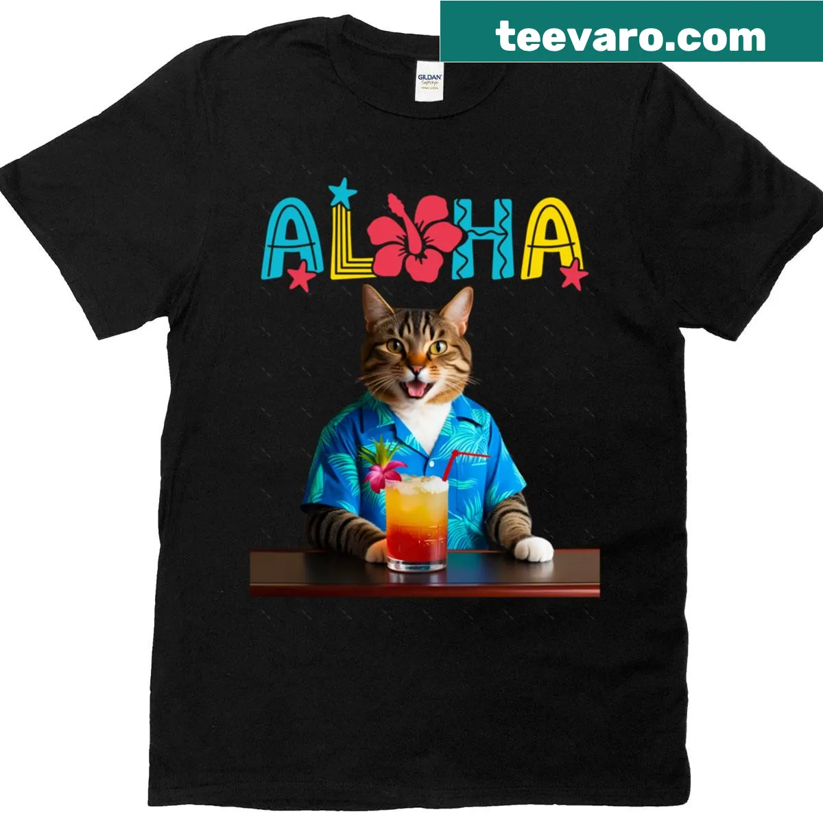 Oversized t-shirt with a silver tabby cat enjoying a Mai Tai at the tiki bar — on a men's t-shirt