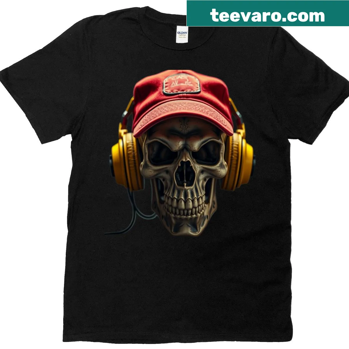 Illustrated T-shirt featuring angry skulls and a gothic design — on a men's t-shirt