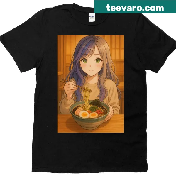 Illustration of an anime girl enjoying ramen on a shirt