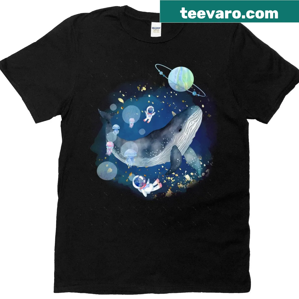Dreamy illustration of astronauts and whales in space on oversized T-shirt — on a men's t-shirt