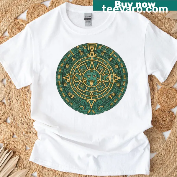 Abstract typographic design of Aztec tribal artifacts on a T-shirt