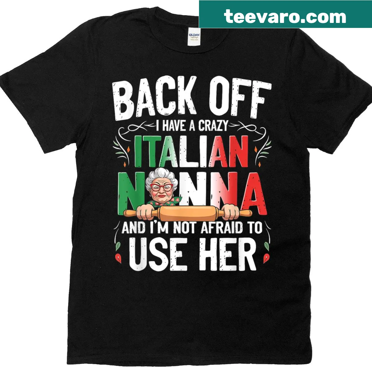 Funny t-shirt with 'Back Off I Have A Crazy Italian Nonna' text — on a men's t-shirt