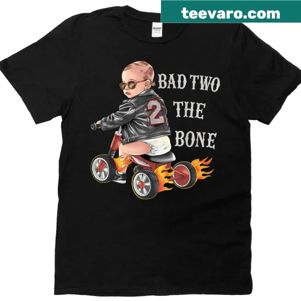 Funny biker-themed t-shirt for a 2nd birthday with 'Bad Two The Bone' text