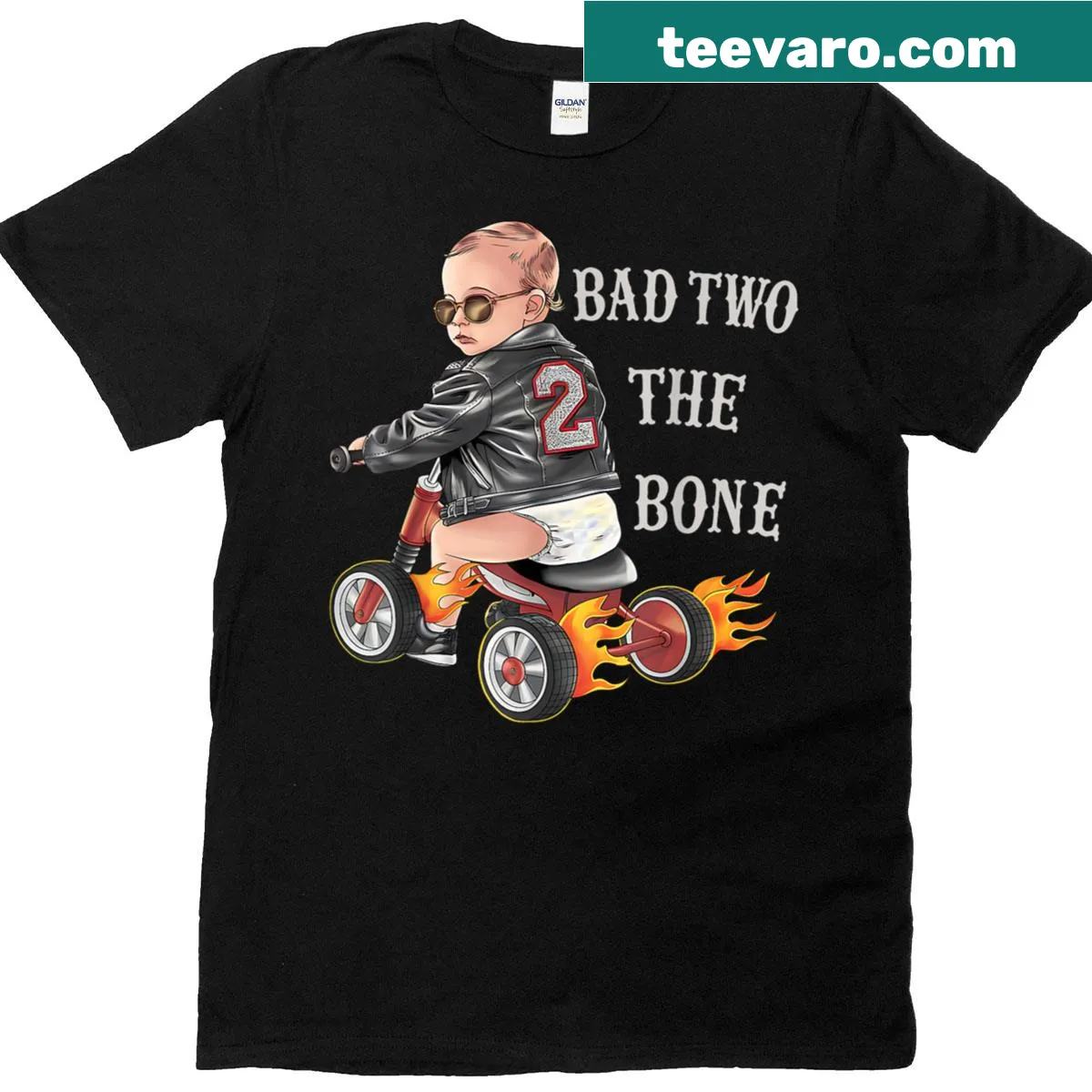 Funny biker-themed t-shirt for a 2nd birthday with 'Bad Two The Bone' text — on a men's t-shirt