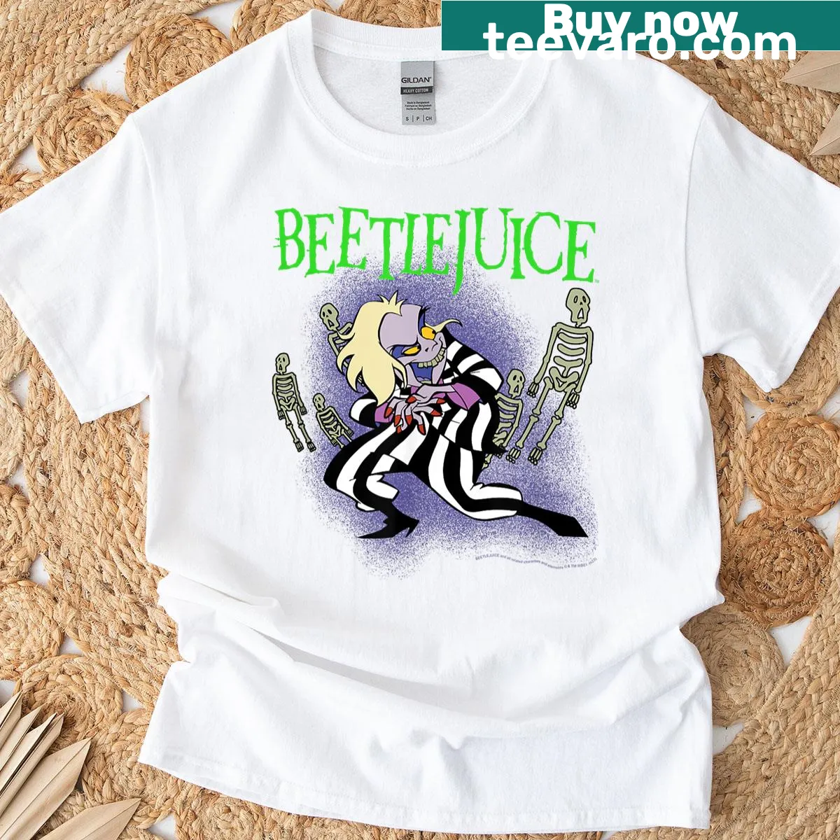 Cartoon Beetlejuice t-shirt with scheming character and skeletons — on a men's t-shirt