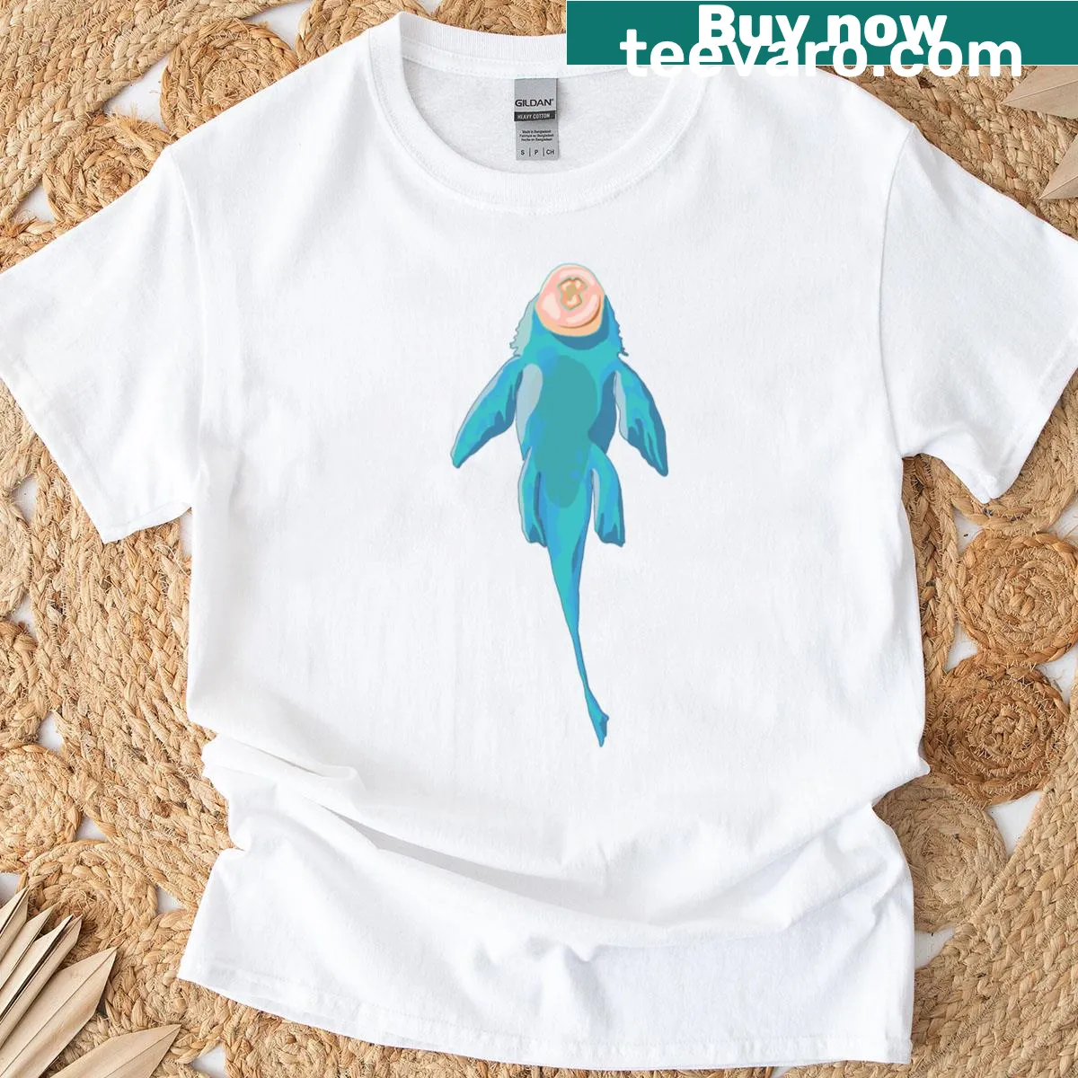Illustrative t-shirt featuring a blueish fish clinging to another — on a men's t-shirt