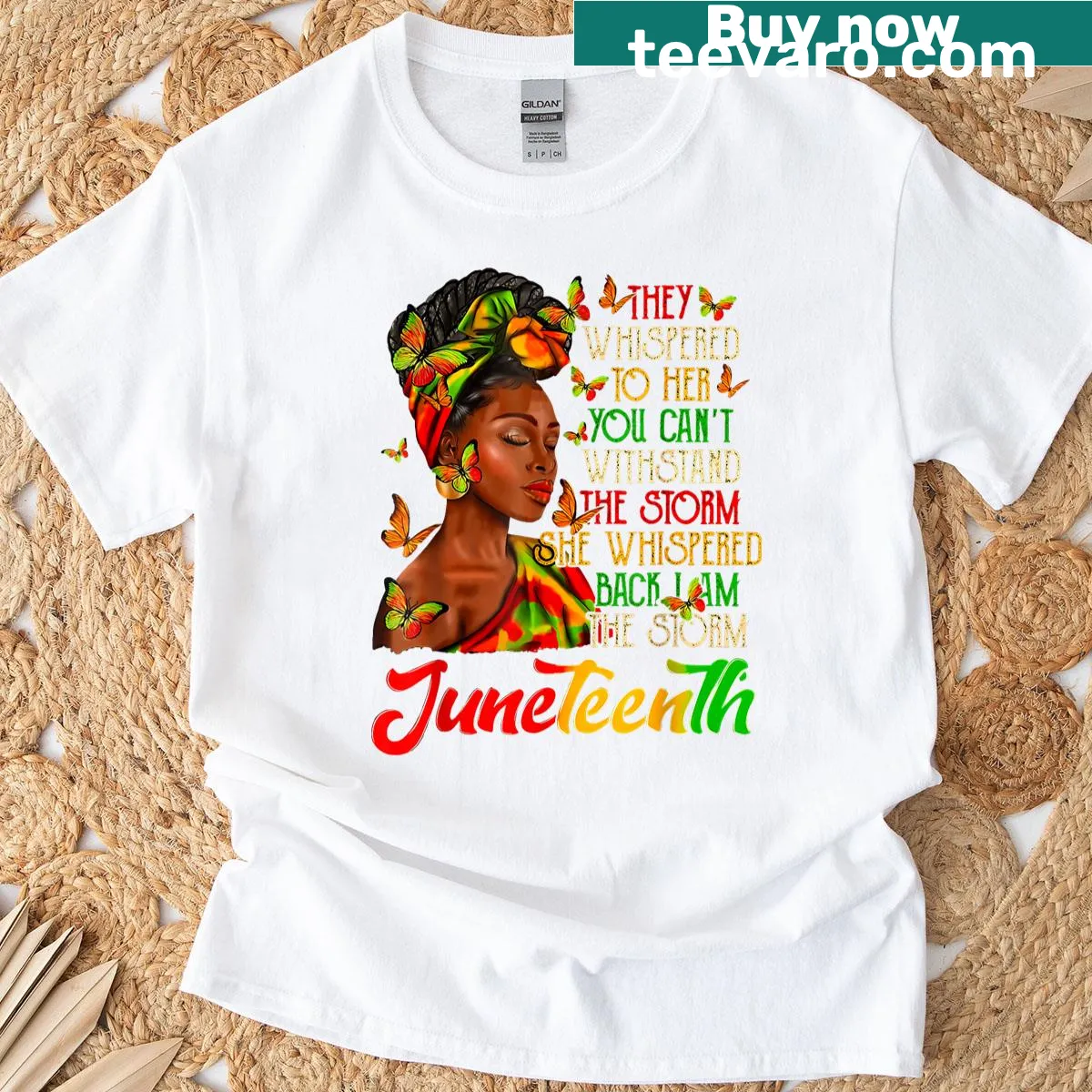 Graphic of cowgirl boots symbolizing empowerment against a Juneteenth backdrop — on a men's t-shirt