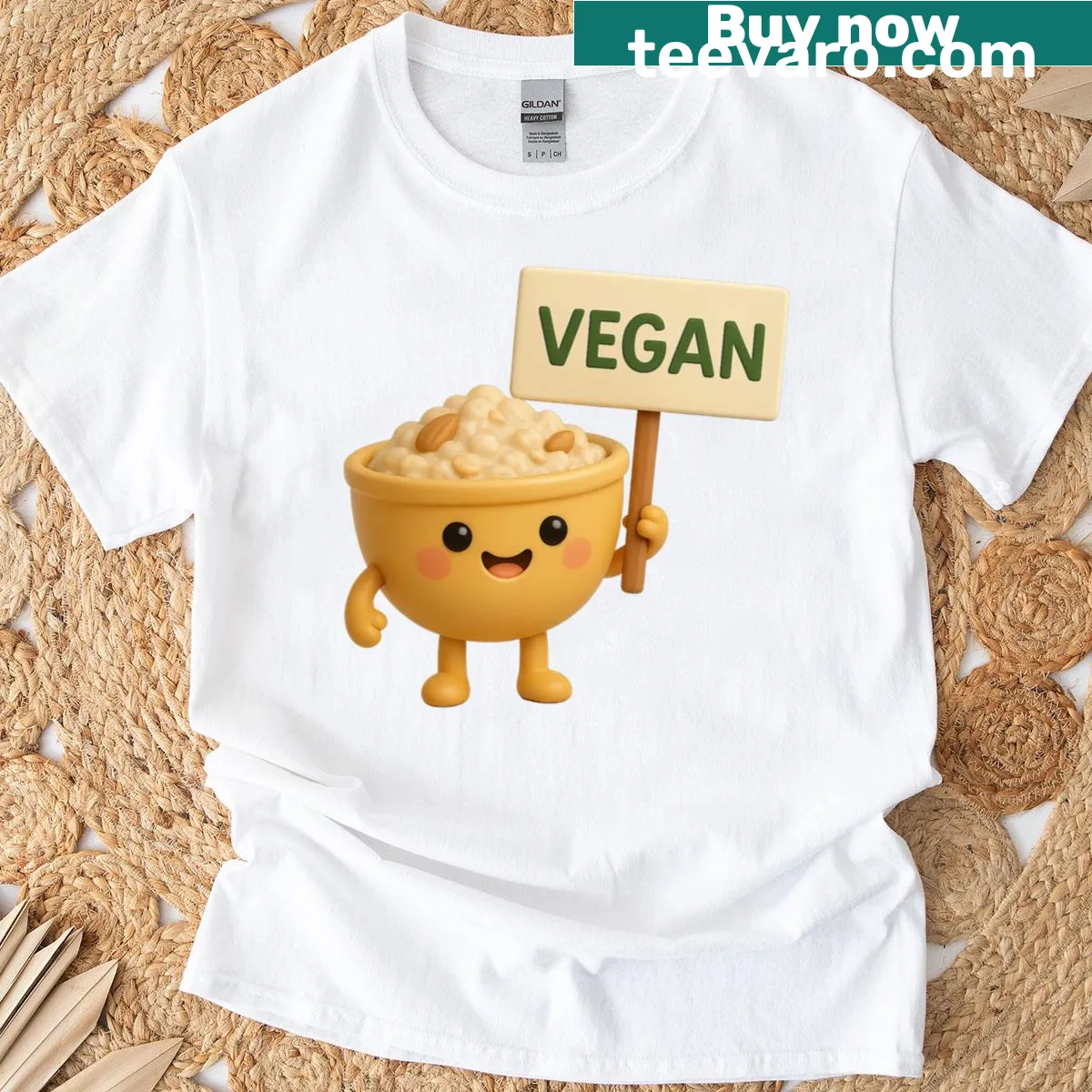 T-shirt with a bowl of oatmeal holding a vegan sign — on a men's t-shirt