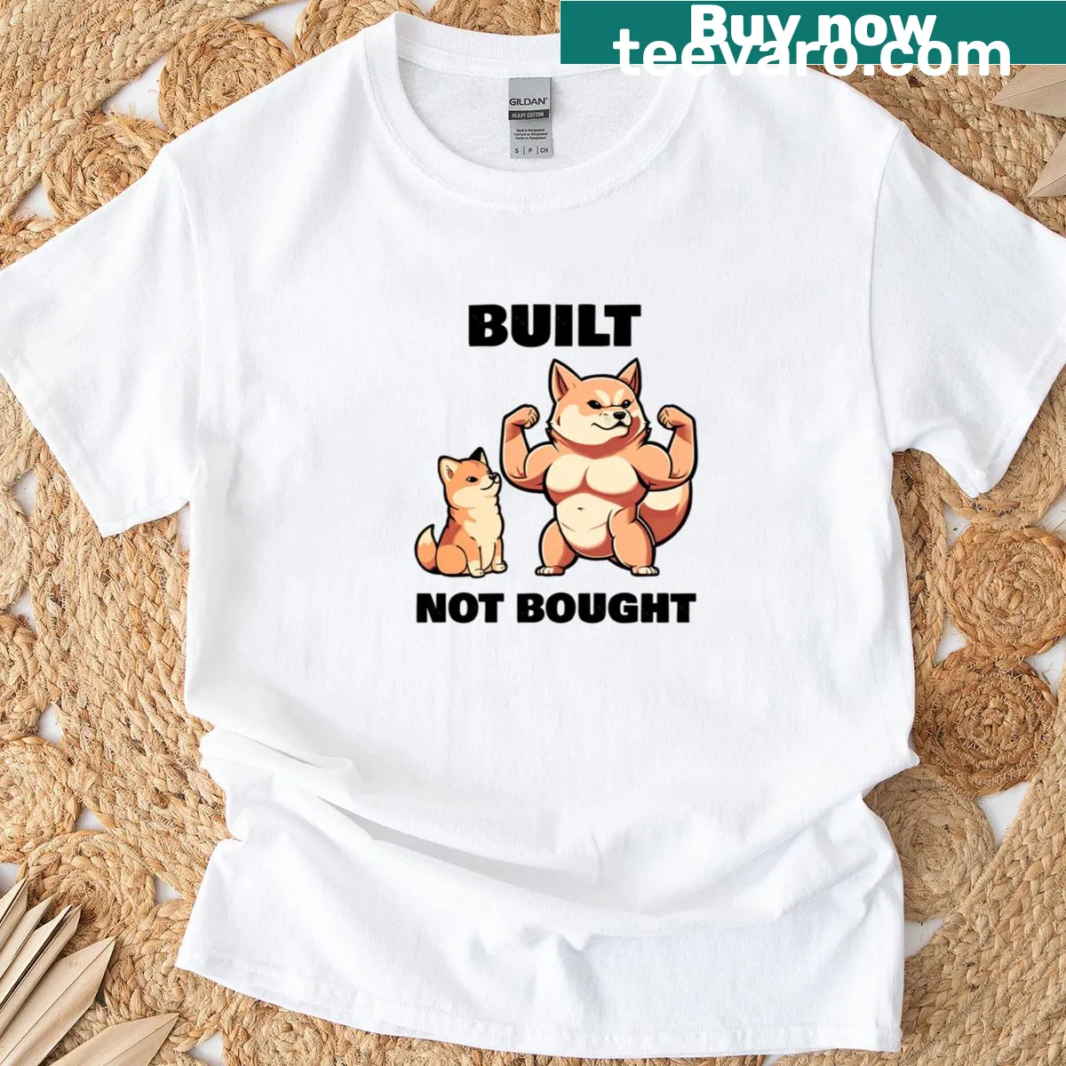 Stylish t-shirt with bold 'Built Not Bought' text — on a men's t-shirt