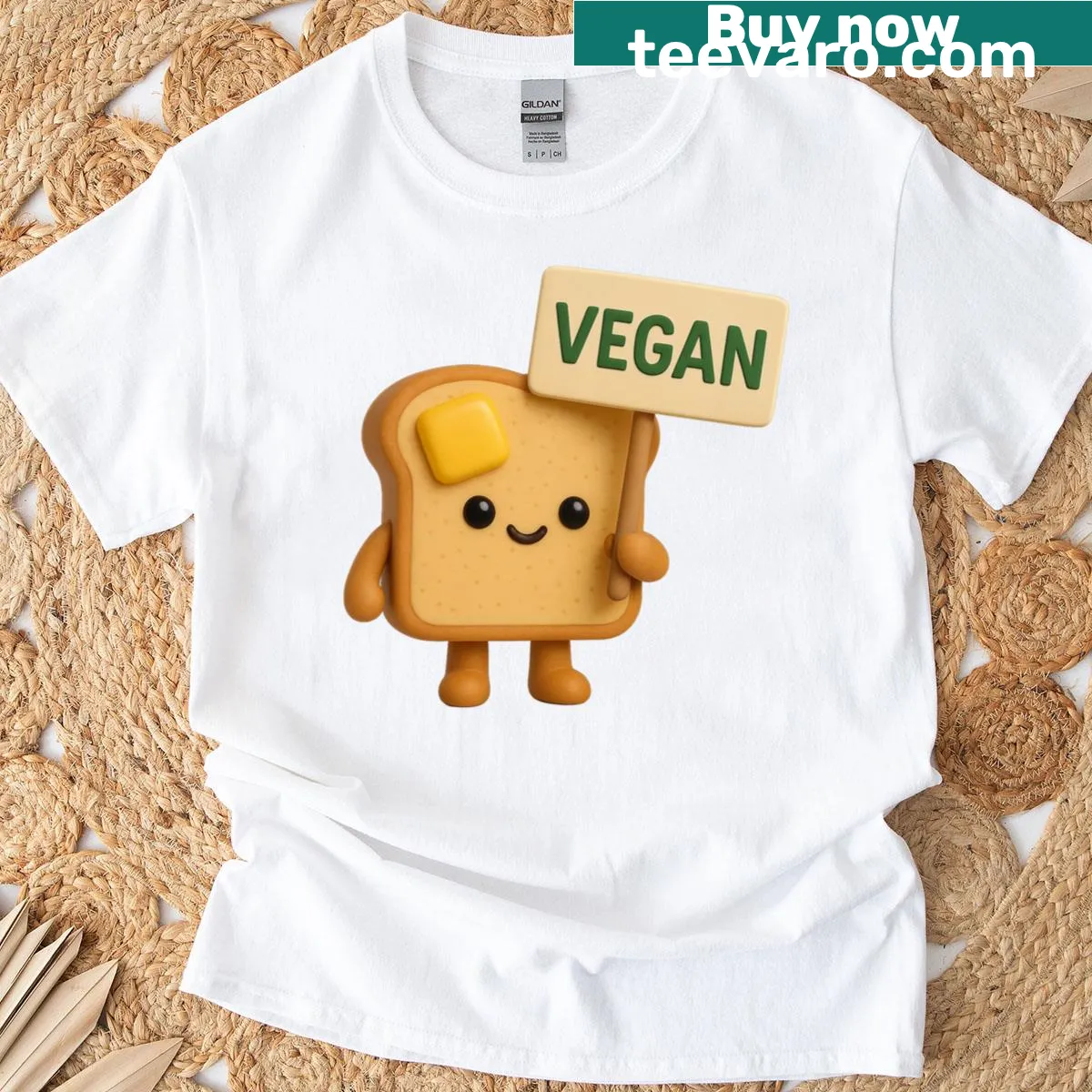Illustration of buttered toast holding a vegan sign T-shirt — on a men's t-shirt