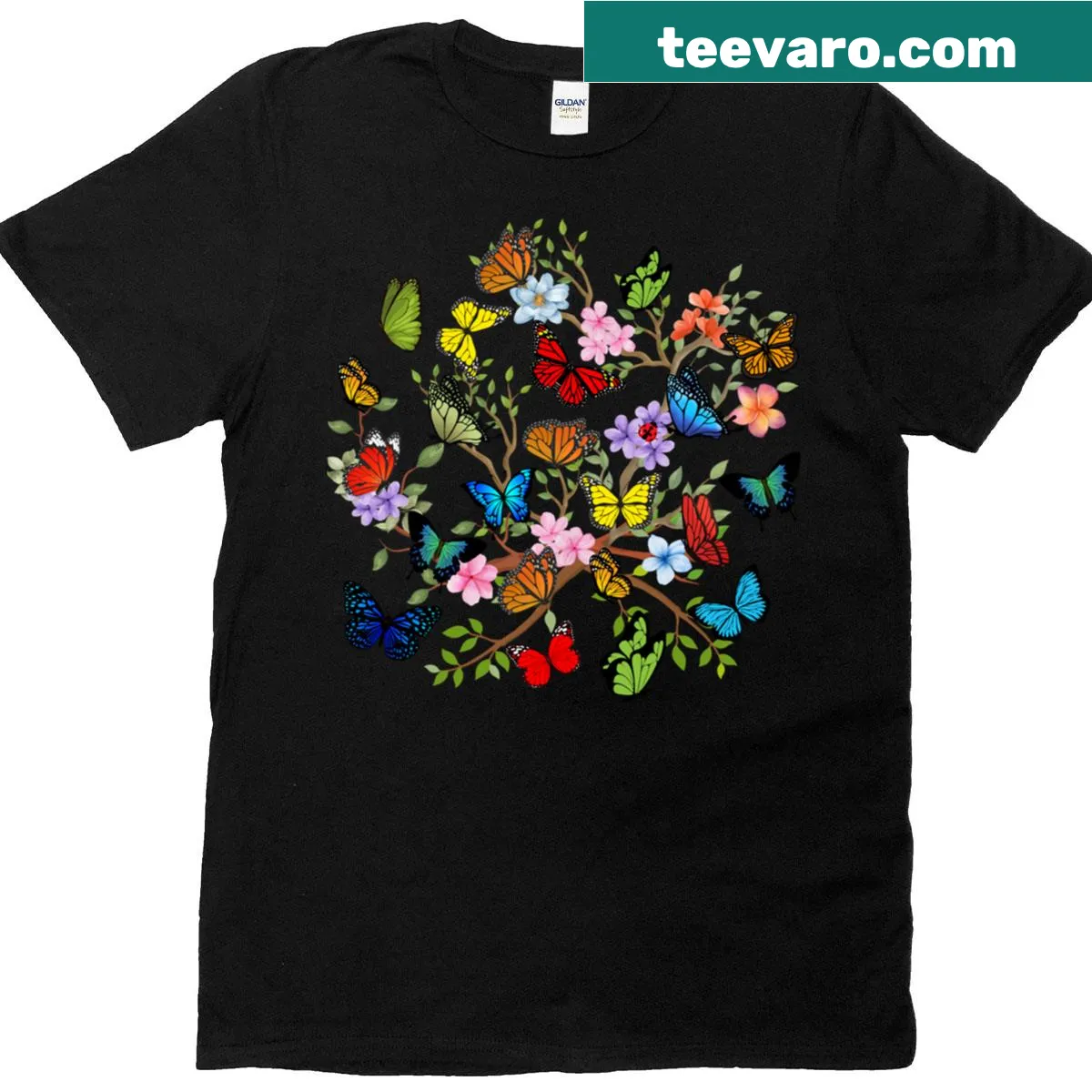 T-shirt featuring butterflies and flowers in a nature design — on a men's t-shirt