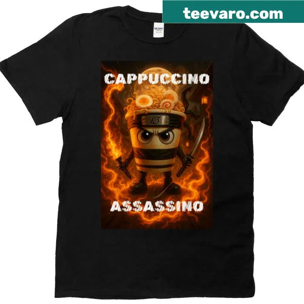 Illustrated cappuccino character with a fire background on an oversized t-shirt