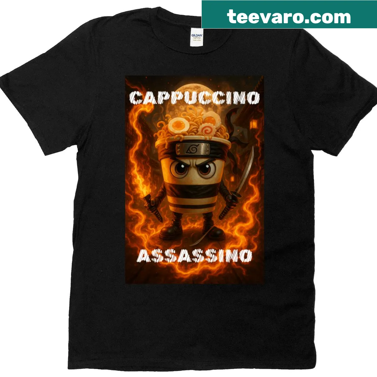 Illustrated cappuccino character with a fire background on an oversized t-shirt — on a men's t-shirt