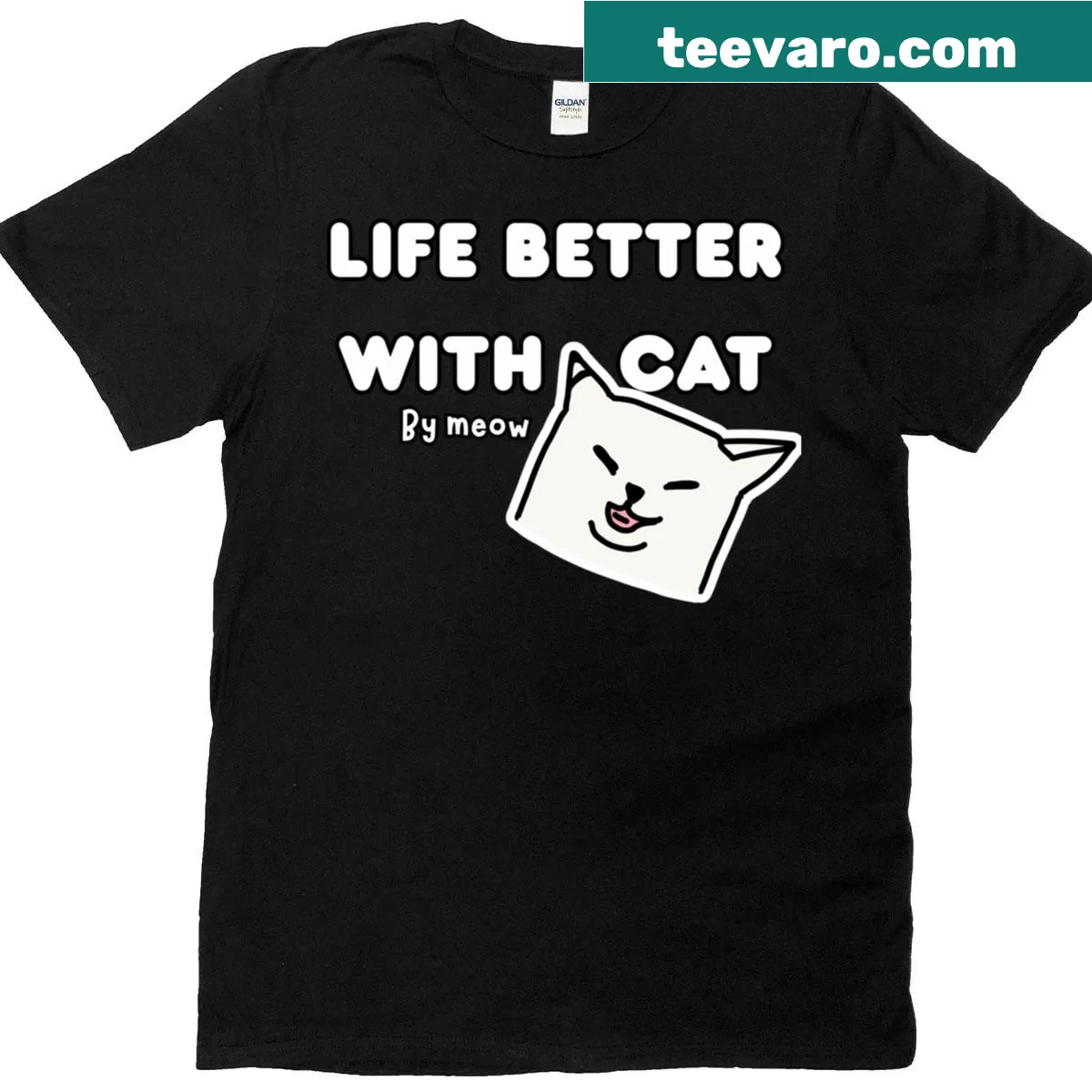 Text design stating that life is better with cats on a t-shirt — on a men's t-shirt