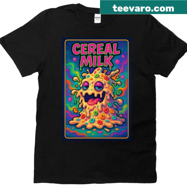 Psychedelic design T-shirt featuring cereal milk and playful graphics.