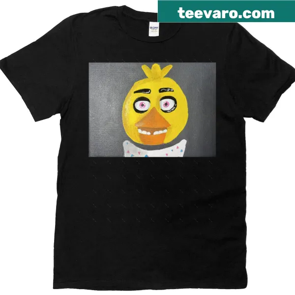 Cartoon design of Chica from Five Nights at Freddy's on an oversized t-shirt