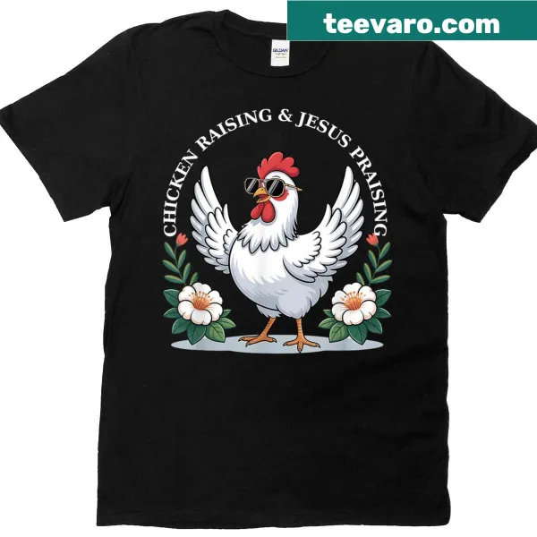 Illustration of chicken raising Jesus with text on T-shirt