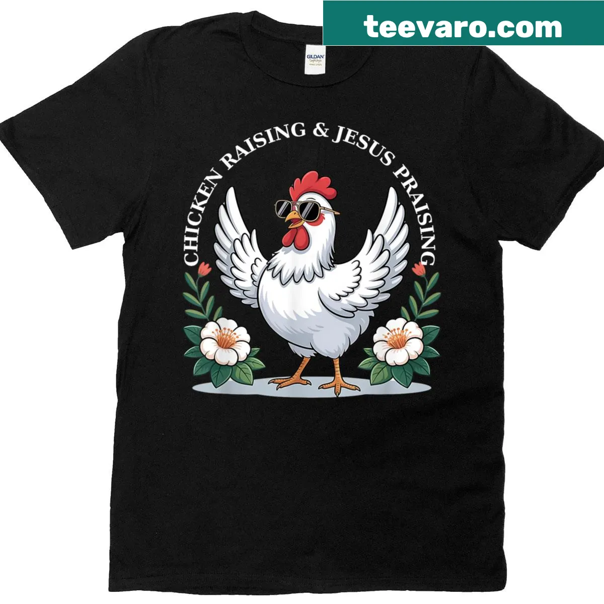 Illustration of chicken raising Jesus with text on T-shirt — on a men's t-shirt