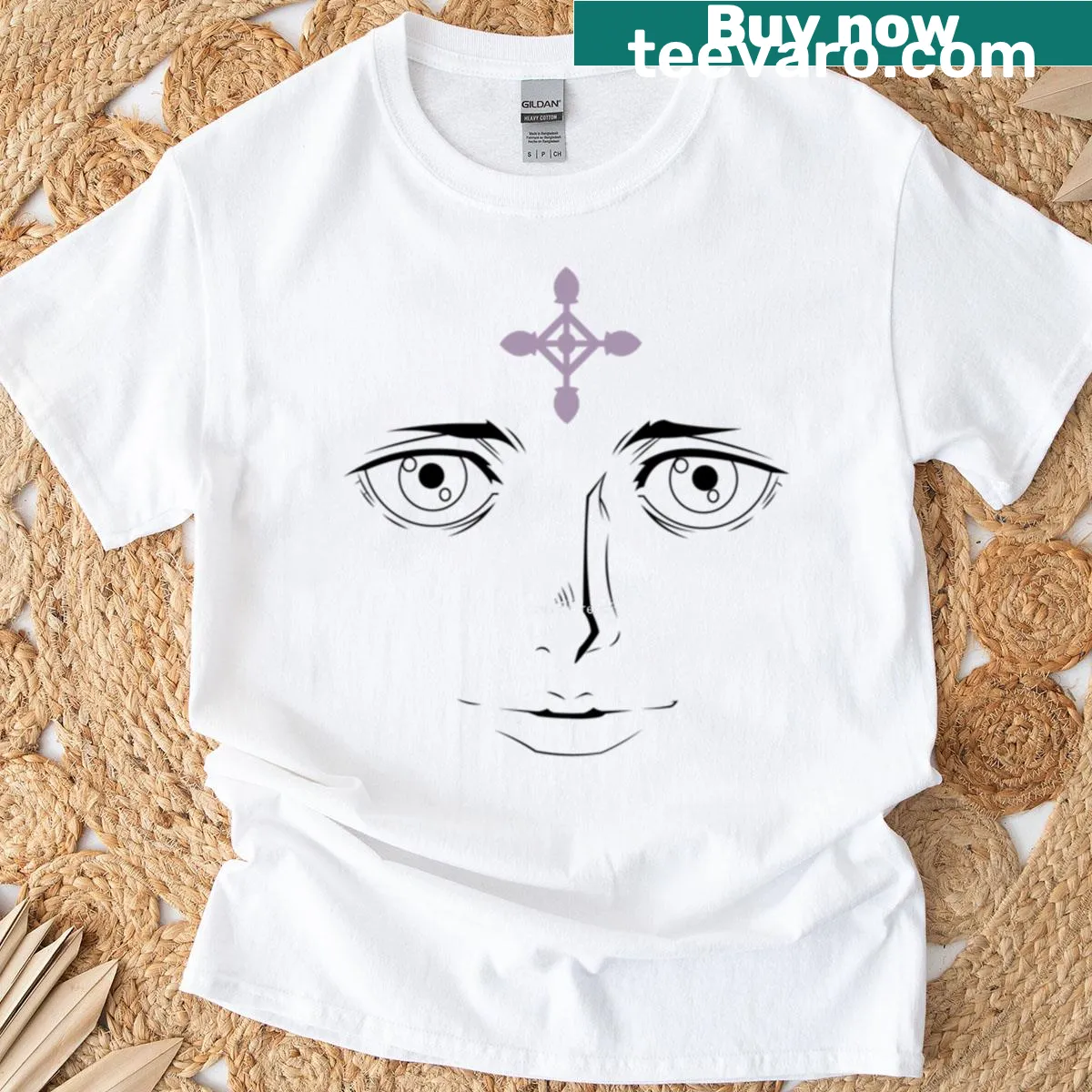 Graphic t-shirt featuring Chrollo from anime series — on a men's t-shirt