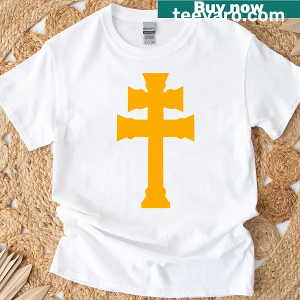 Gold cross design on a white T-shirt