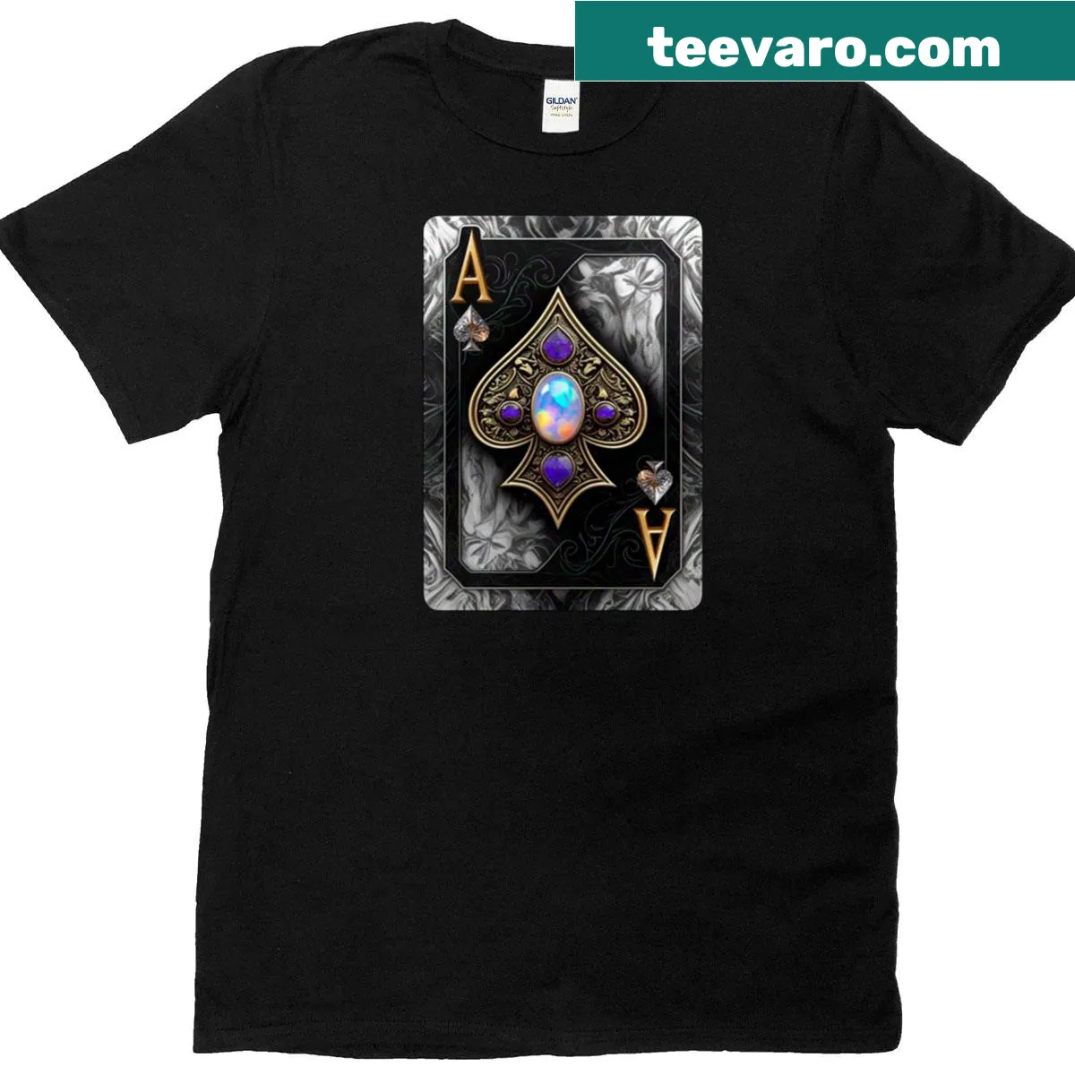 Oversized t-shirt featuring custom black opal Ace of Spades design — on a men's t-shirt