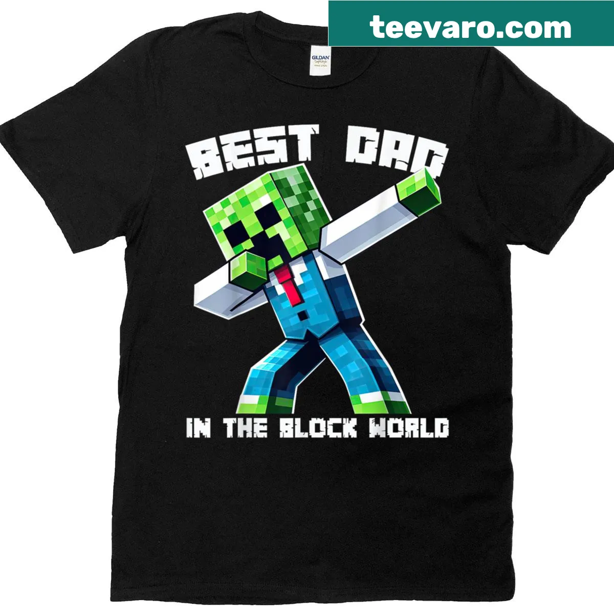 Playful pixel art t-shirt featuring 'Best Dad In The Block' — on a men's t-shirt
