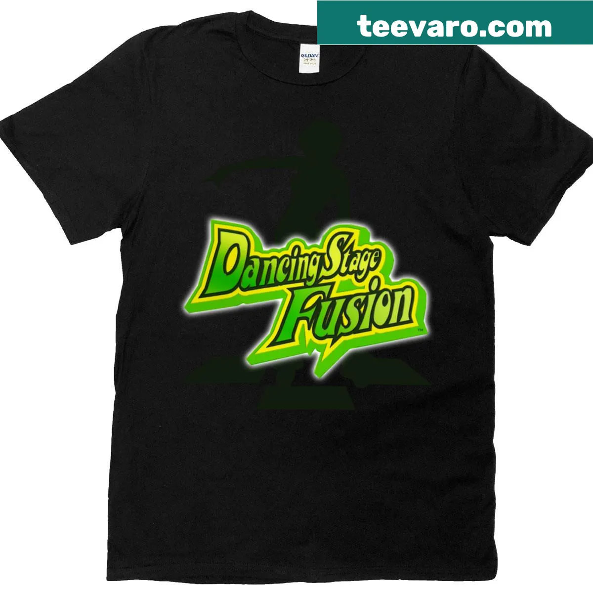 Oversized t-shirt with retro Dance Dance video game logo art — on a men's t-shirt