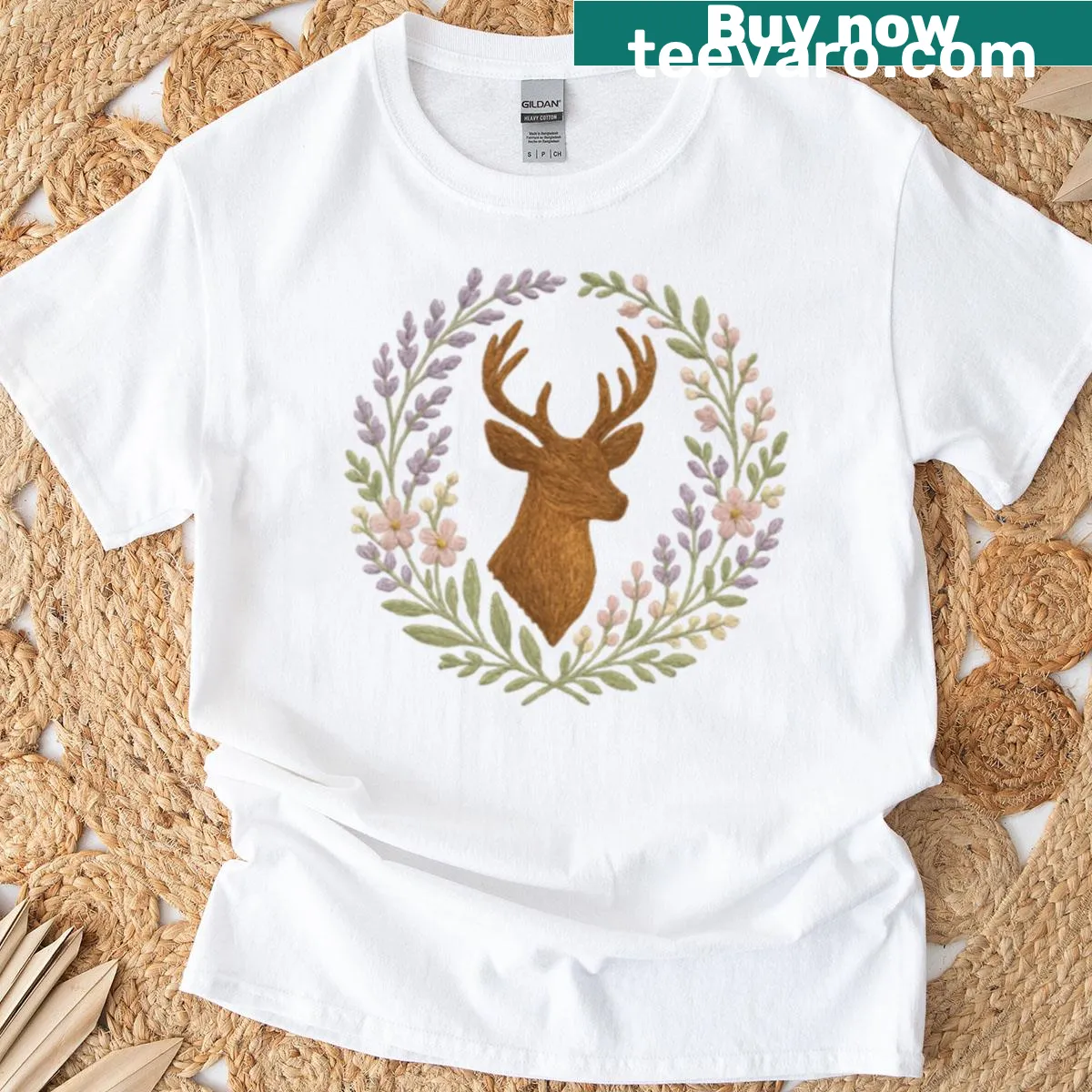 Illustrated deer with floral crown on a nature-themed t-shirt — on a men's t-shirt