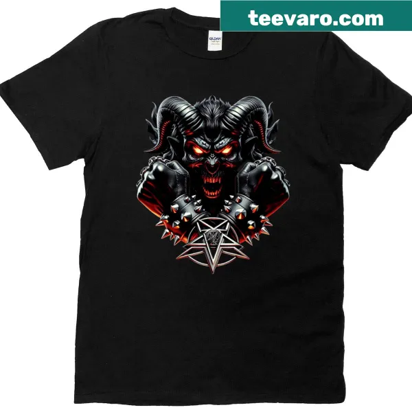 T-shirt featuring a demon with glowing eyes and pentagram art