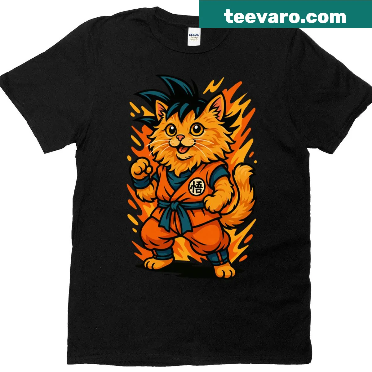 Anime-inspired cat in orange fighting gi illustration — on a men's t-shirt