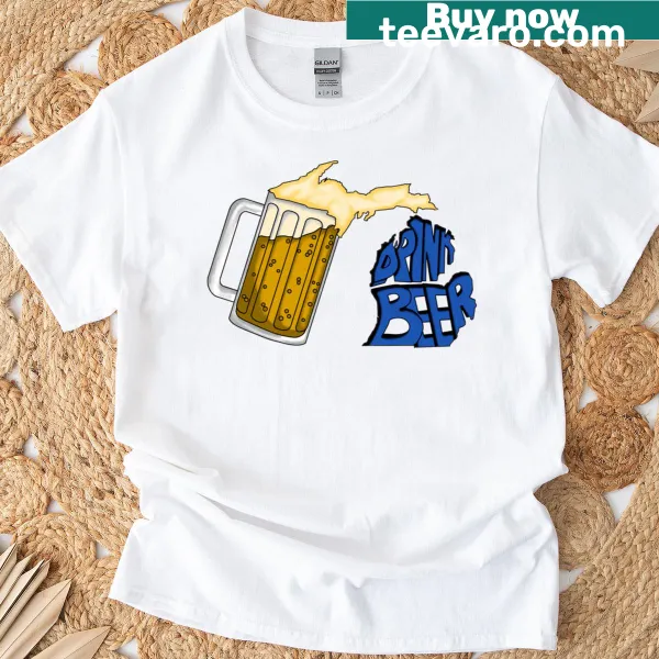 Funny hand-lettered Drink Beer T-shirt celebrating beer culture.