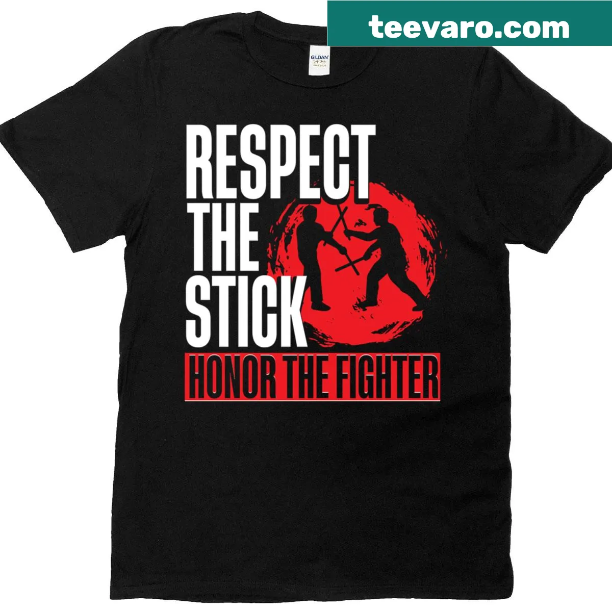 T-shirt featuring 'Respect The Stick' text design for Escrima martial arts — on a men's t-shirt