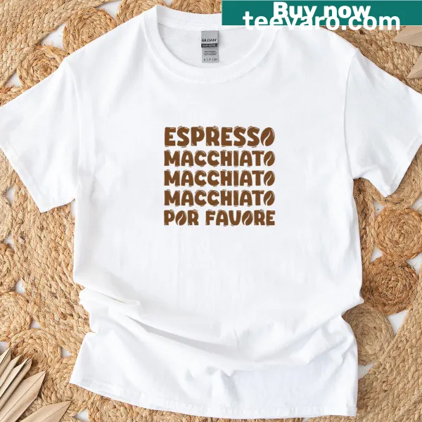 Playful illustration T-shirt celebrating Eurovision and espresso culture.