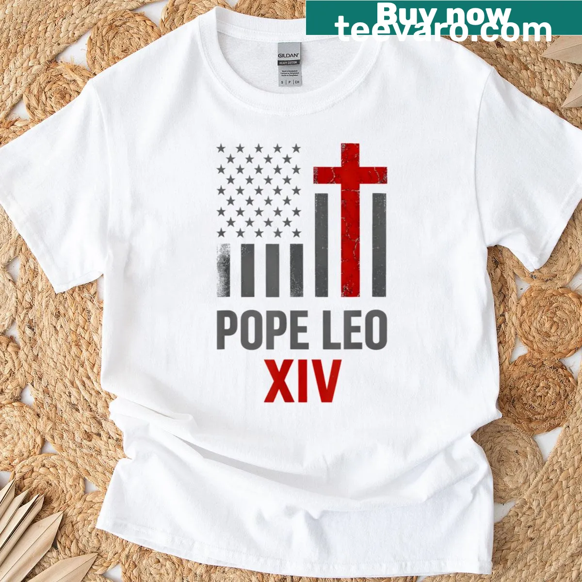 Typographic T-shirt honoring Pope Leo XIV, the first American pope. — on a men's t-shirt