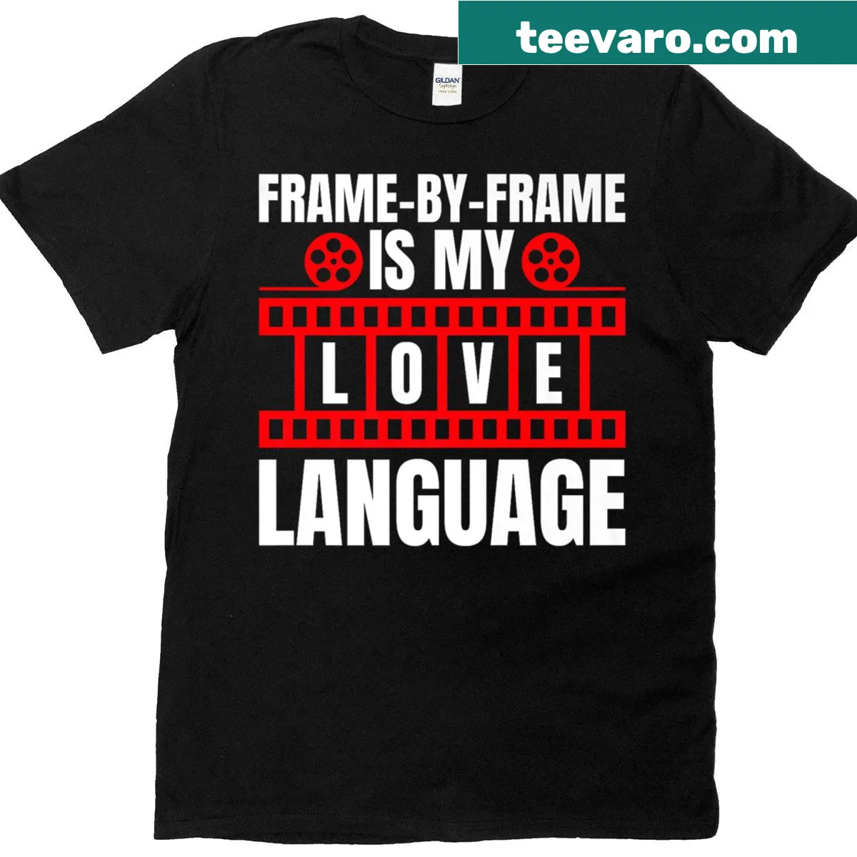 Funny editor t-shirt featuring frame-by-frame love language illustration — on a men's t-shirt