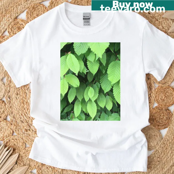 Illustrated T-shirt with a fresh leaf pattern by Petalography.