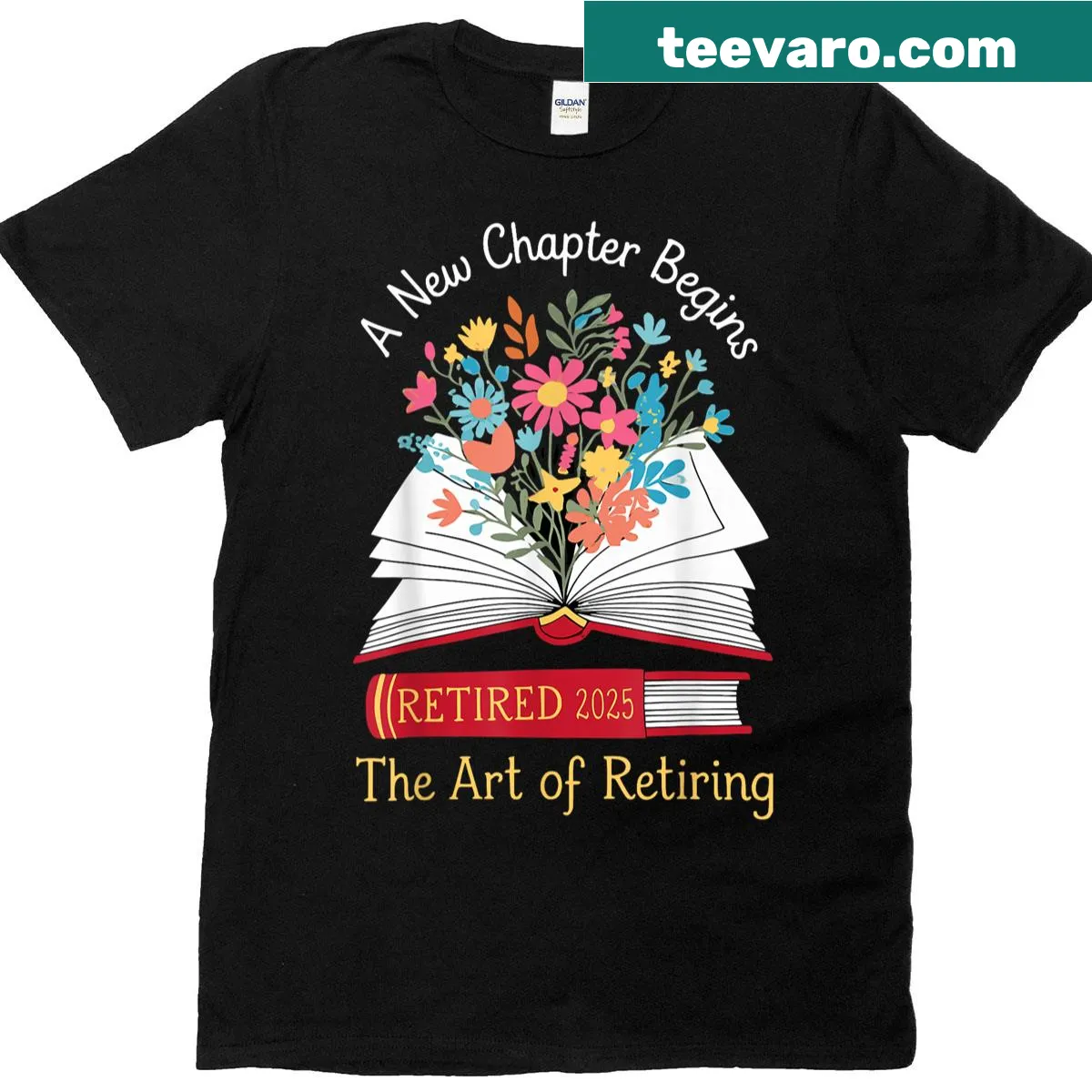 Humorous T-shirt celebrating retired teachers with book graphics — on a men's t-shirt