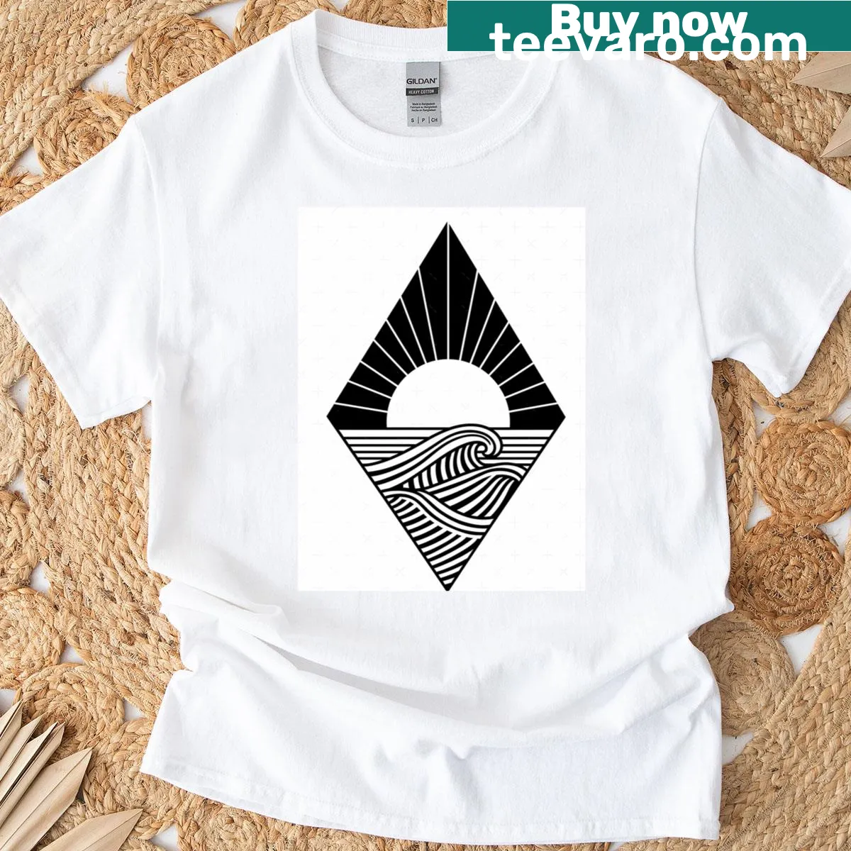 Minimalist geometric print of sun and ocean waves on T-shirt — on a men's t-shirt