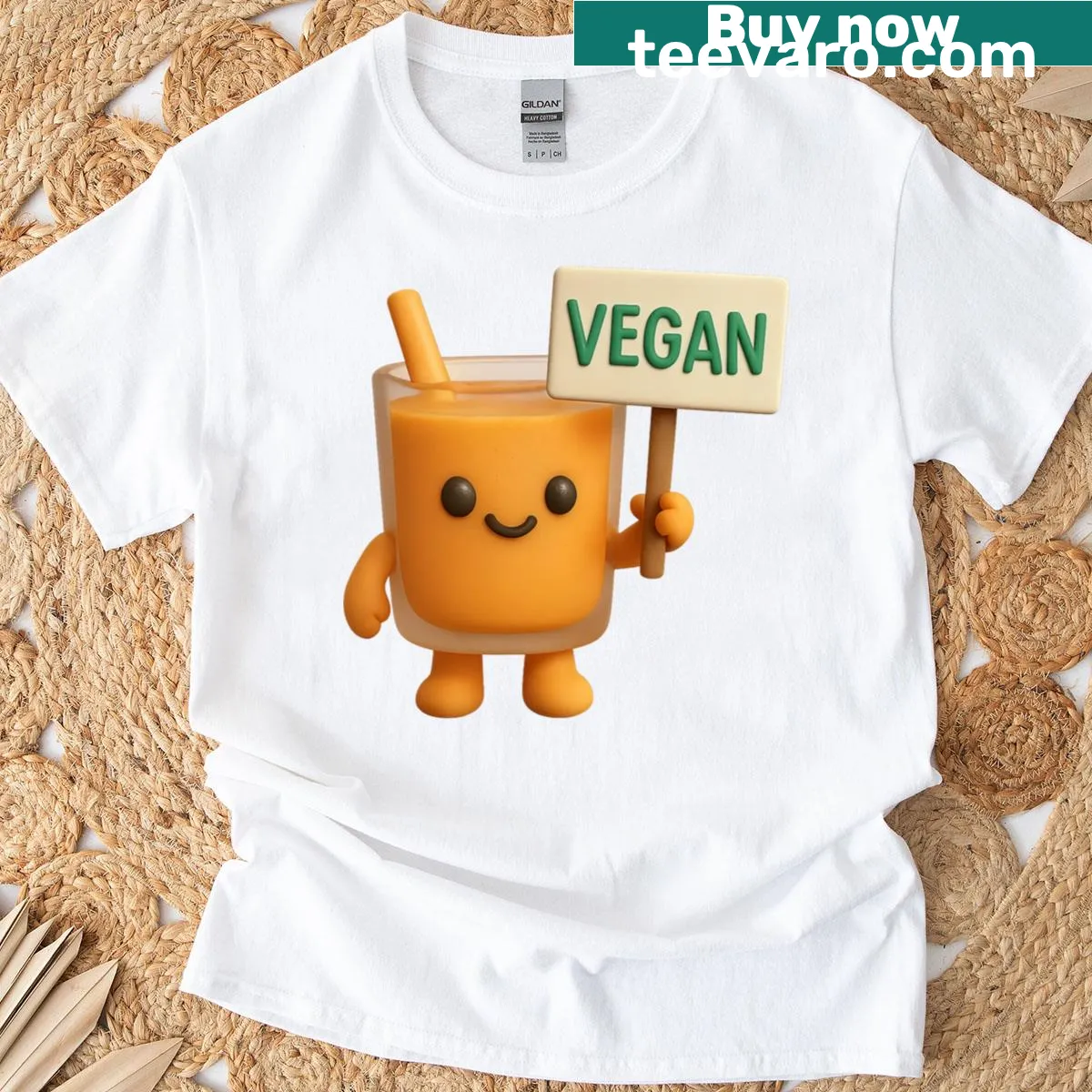 Illustration of orange juice glass holding a vegan sign on T-shirt. — on a men's t-shirt