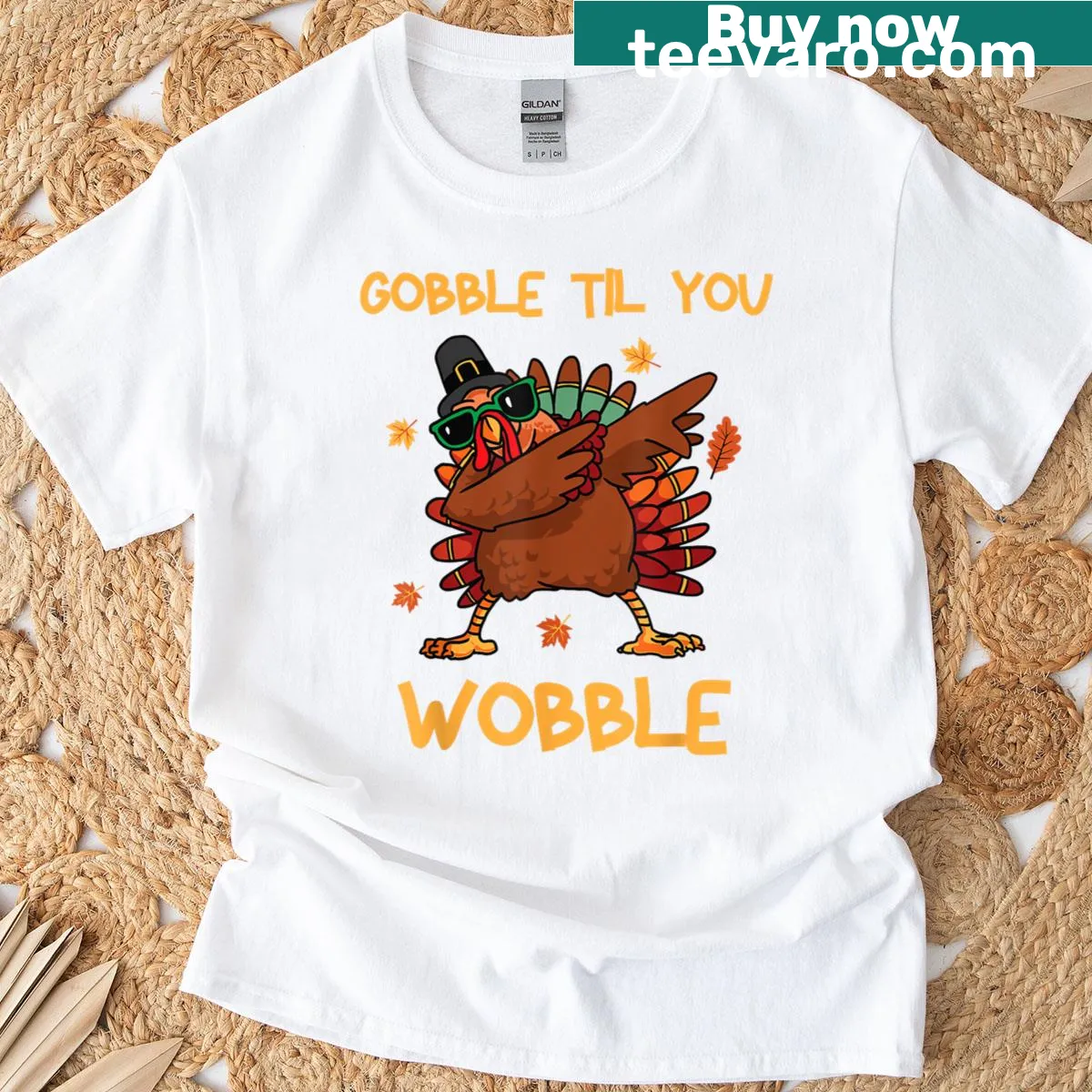 Funny Thanksgiving shirt with 'Gobble Till You Wobble' text — on a men's t-shirt