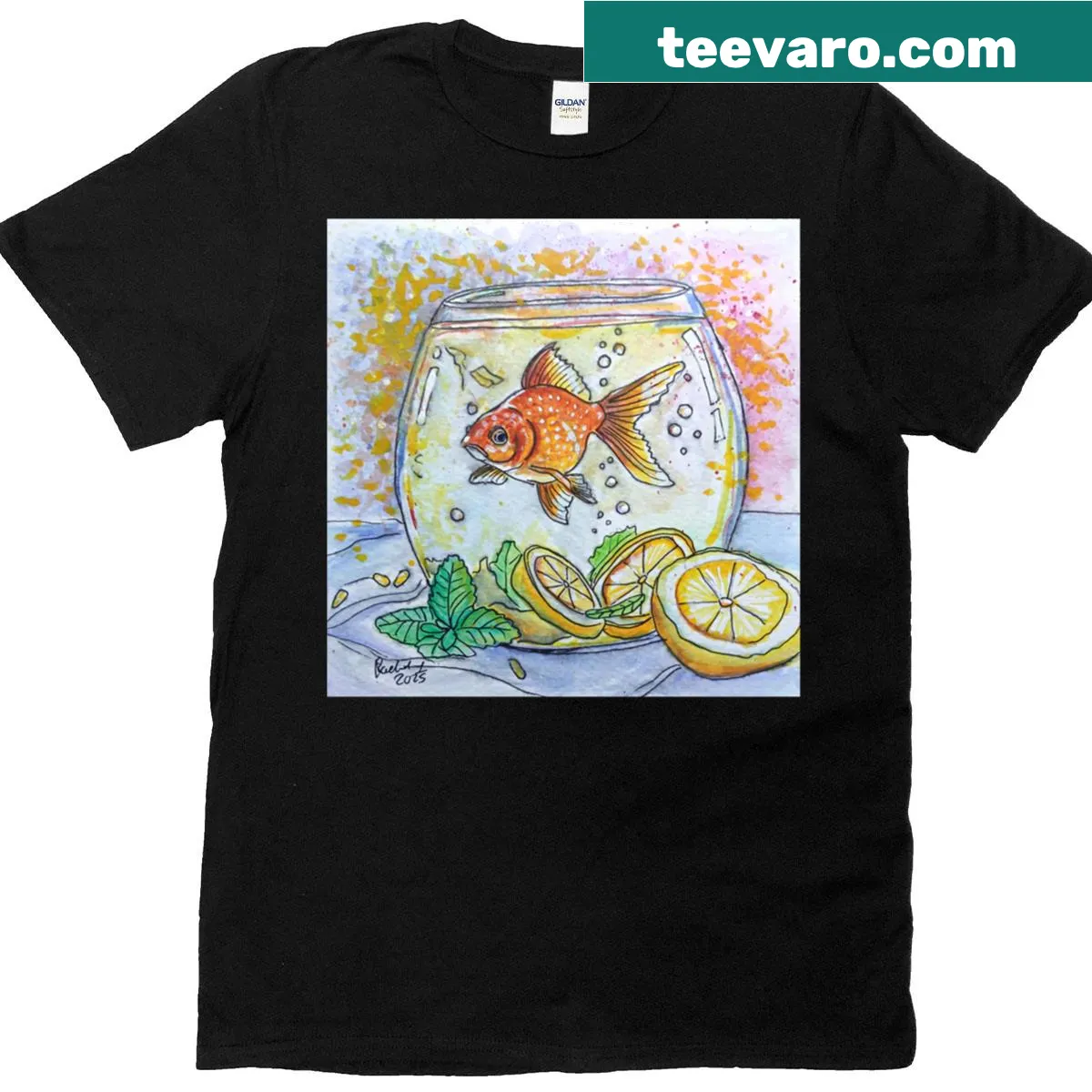 Graphic t-shirt with a goldfish swimming in lemonade — on a men's t-shirt